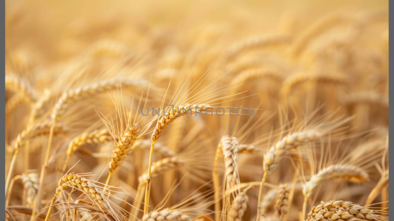 This close-up view shows a field of mature wheat plants. The golden wheat heads are heavy with grain, contrasting against the green stems and leaves. The vast expanse of the wheat field extends to the horizon under a clear blue sky.