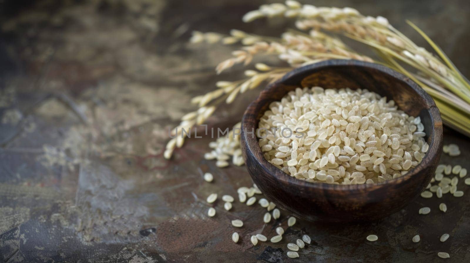 A wooden bowl filled with rice sits next to a stalk of wheat. The white grains contrast with the golden wheat, creating a simple yet striking composition of food staples.