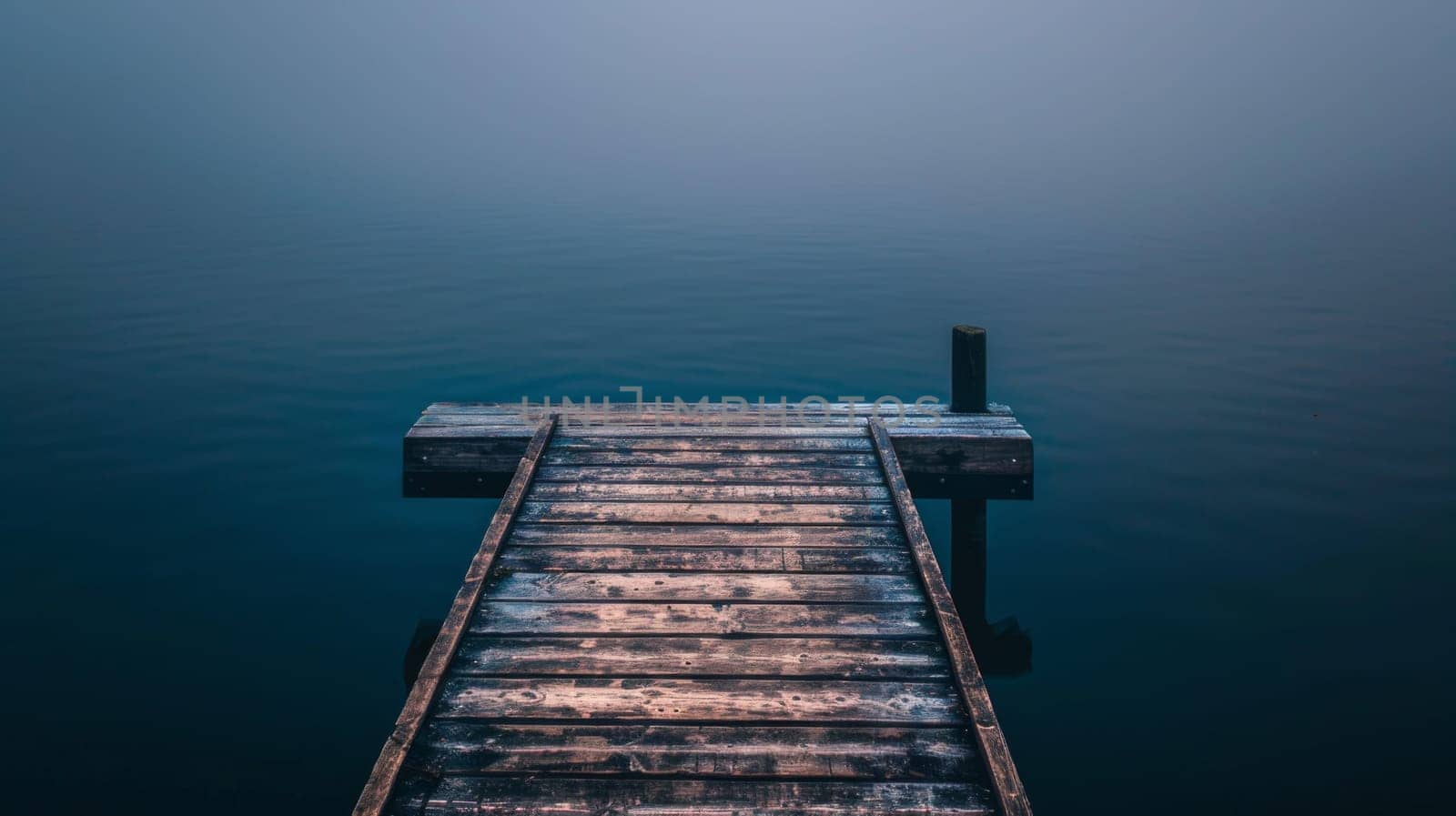 A wooden dock extends into the calm waters of a lake, providing a platform for boats to dock or people to enjoy the surrounding scenery. The dock appears sturdy and well-maintained, serving as a functional structure in the middle of the expansive body of water.