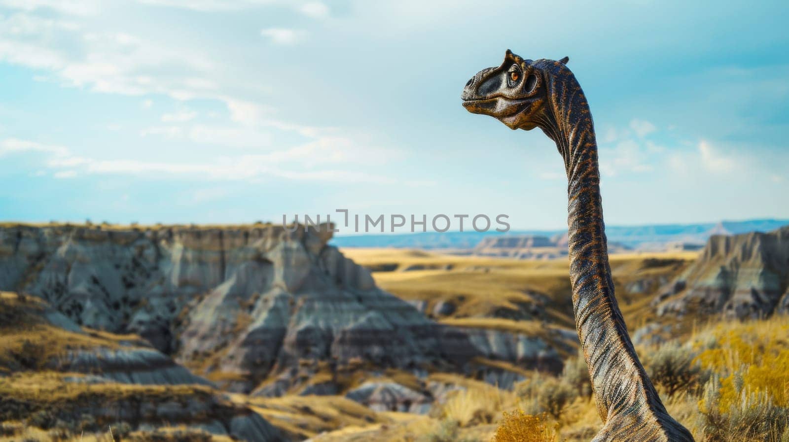 A massive dinosaur, towering over the landscape, stands in a vast field with a towering mountain in the background. The prehistoric creature exudes power and dominance as it surveys its surroundings.