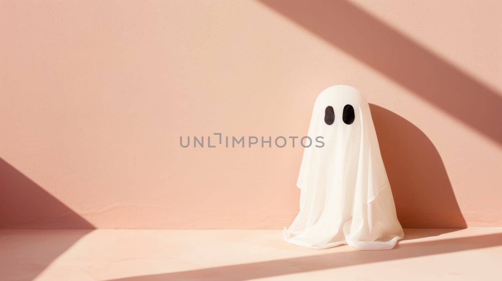 A spectral apparition is standing in the center of a room, its ethereal form casting a chilling presence in the otherwise empty space.