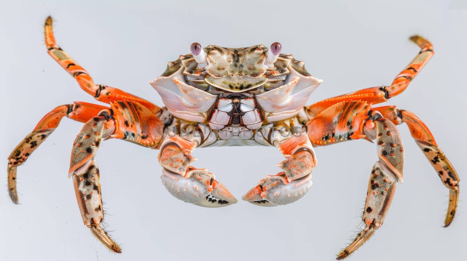 A close-up view of a crab showcasing its intricate shell patterns and sharp pincers, set against a plain white background. The crabs legs are visible, and its eyes are prominently displayed.