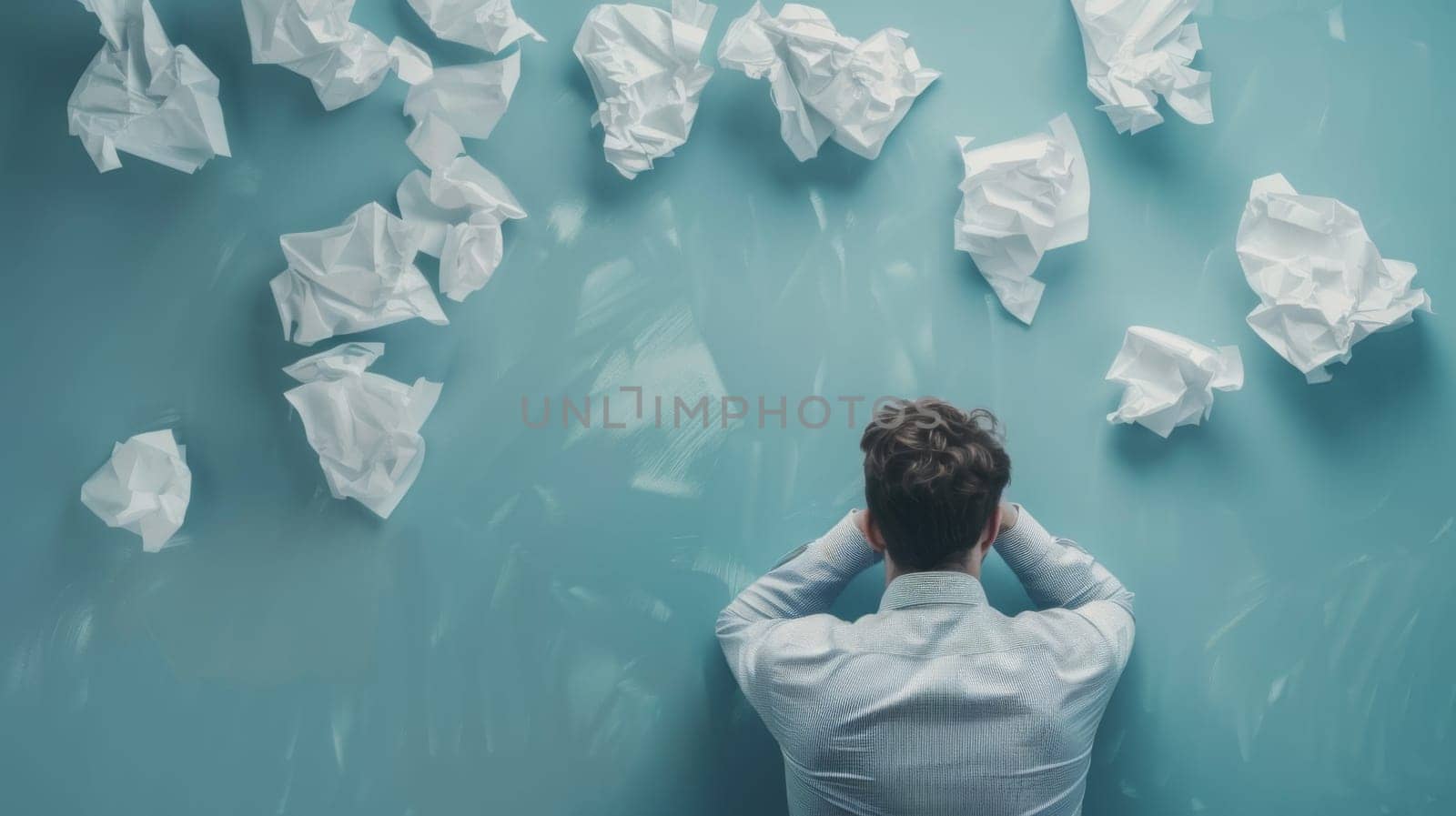 A man is seated in front of a wall entirely covered in paper. He is staring intently at the sheets, perhaps deep in thought. The wall serves as a canvas for various notes, drawings, and messages.