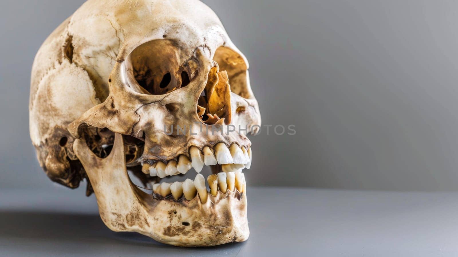 A close-up view of a human skull placed on a wooden table, showing intricate details and structure of the skull. The skull appears to be the focal point of the image, with no other objects in the frame.