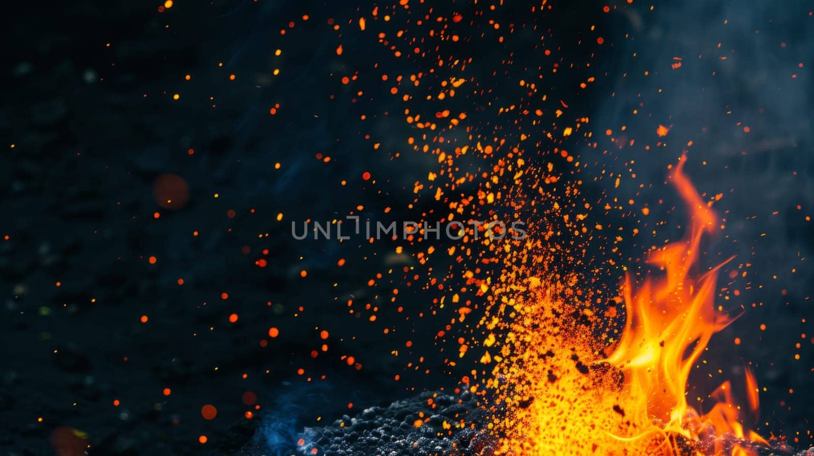 A detailed close-up of a raging fire burning brightly against a pitch-black background. The flames dance and flicker, creating dynamic patterns and casting a warm glow.