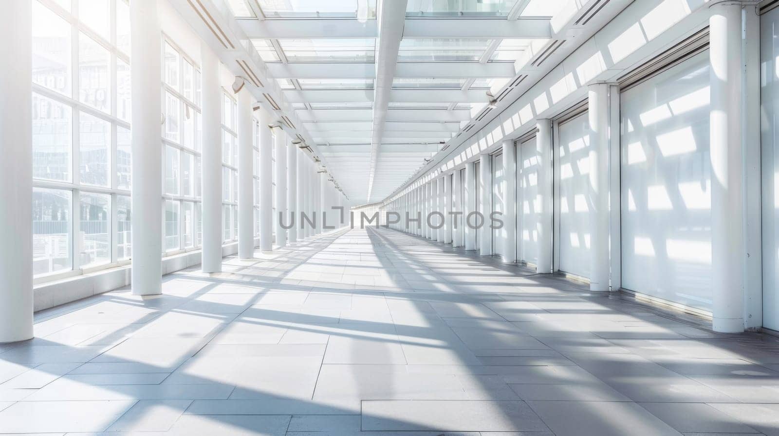 A long hallway filled with natural light from numerous windows along white walls. The space appears spacious and bright, creating a sense of openness and cleanliness.