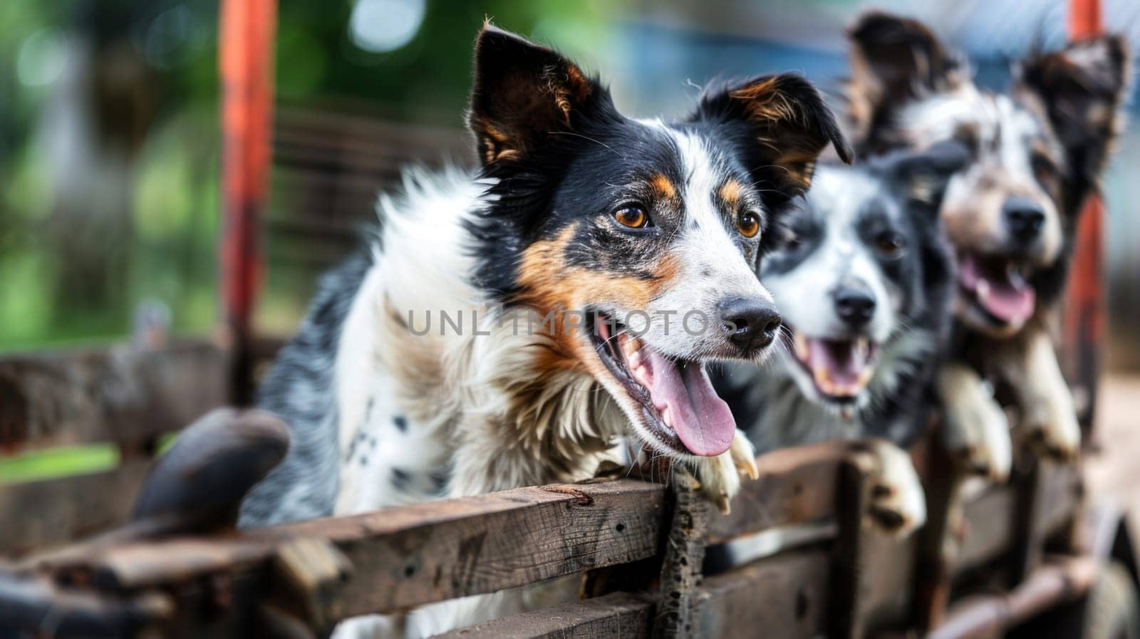 A group of dogs are poking their heads and paws through a wooden fence, eagerly looking outward. The dogs are of varying breeds and sizes, with some wagging their tails in excitement.