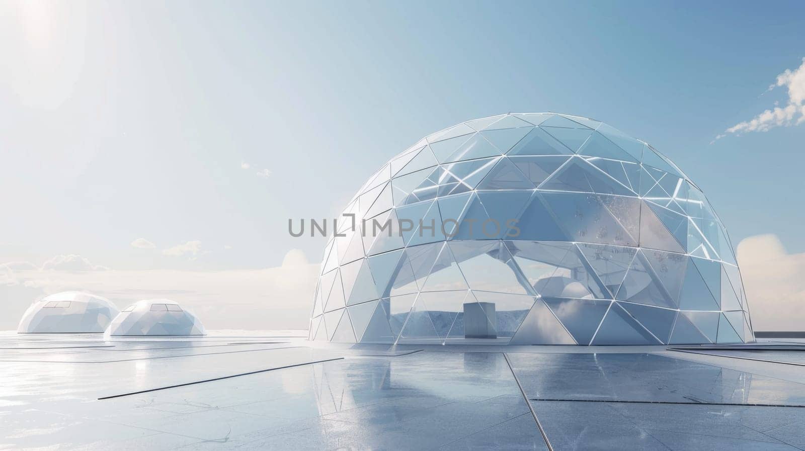 A large glass dome sitting on top of a buildings roof, reflecting sunlight and providing a unique architectural element to the structure.