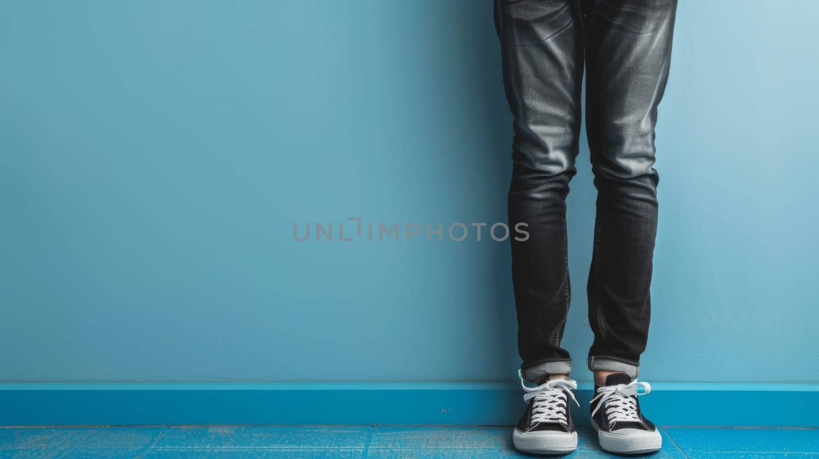 A person is standing upright in front of a blue wall. The individuals posture is straight, and their gaze is forward. The blue wall provides a stark contrast to the persons figure.