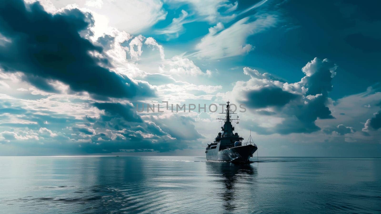 A large ship is seen floating on top of a body of water, showcasing its impressive size against the vast expanse of the sea. The ships hull glides smoothly over the water, leaving a slight wake behind.
