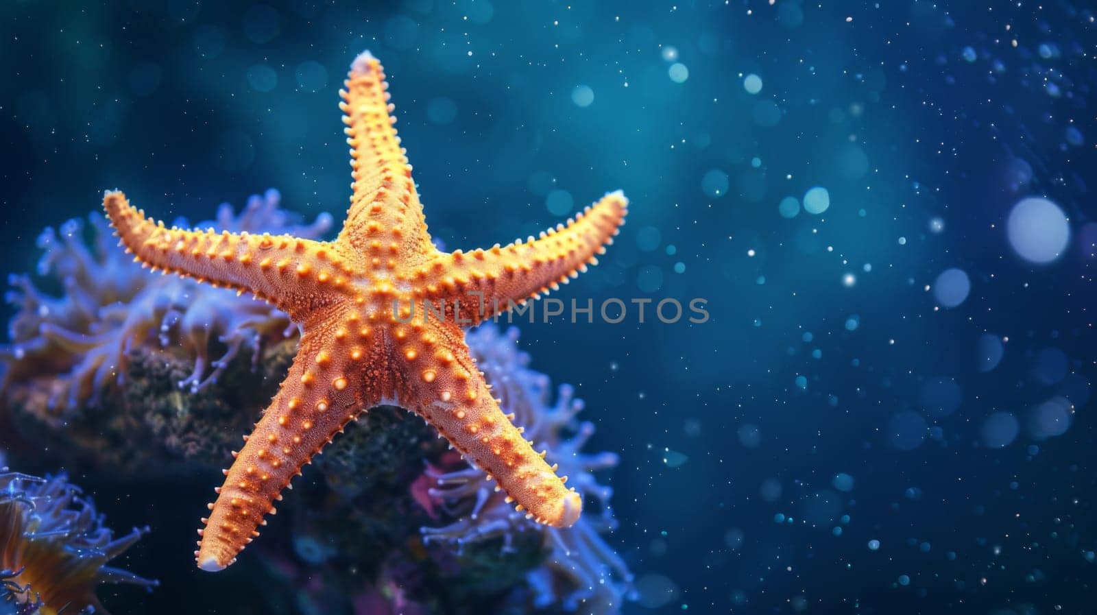 A detailed close-up view of a starfish resting on a vibrant coral reef underwater. The starfishs intricate arms contrast beautifully with the textured surface of the coral.