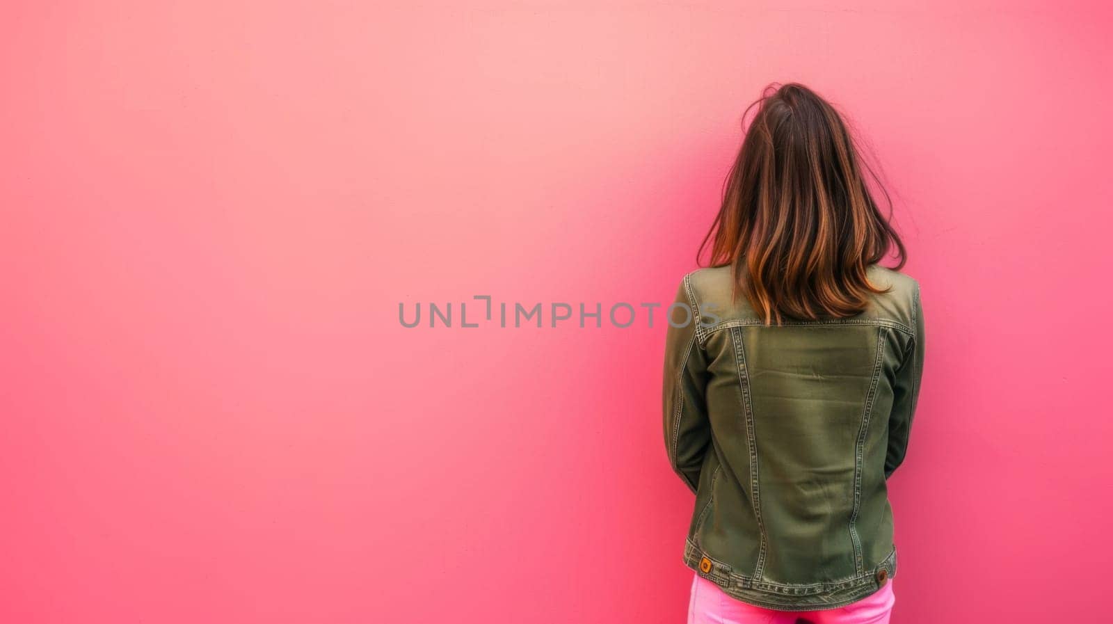 A young girl is standing upright against a vibrant pink wall. She is looking ahead, her hands hanging by her sides. The contrast between her small frame and the bold wall color is striking.