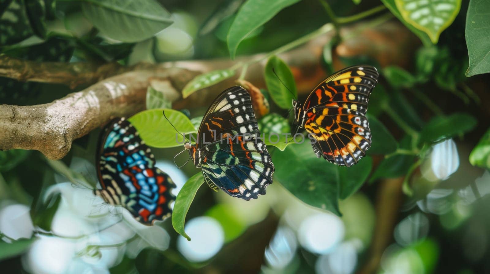Two colorful butterflies are perched on a lush green leaf-covered tree. They sit gracefully, their delicate wings gently fluttering in the breeze. The vibrant insects contrast beautifully against the rich foliage.