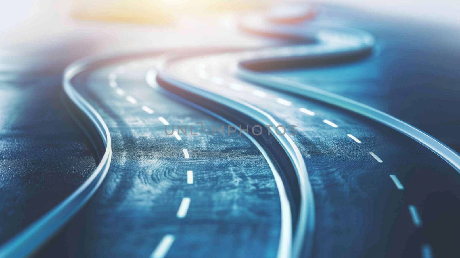 A blurry highway stretches into the distance with a bright sun setting in the background, casting a warm glow over the scene.