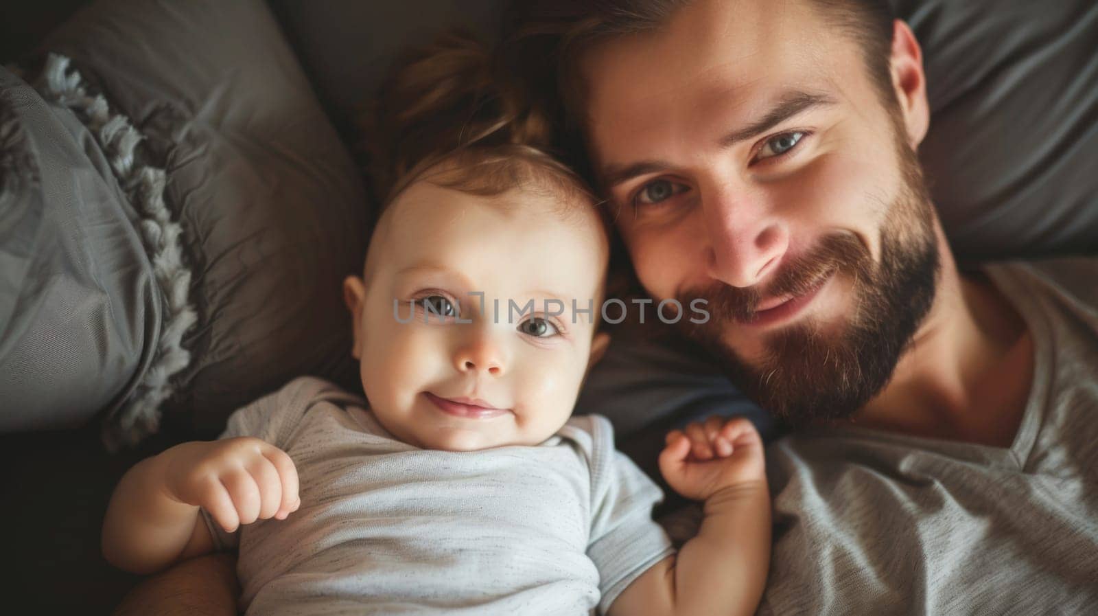 A man is lying down next to a baby on a bed. The man is looking at the baby with a gentle expression, while the baby is peacefully sleeping. The setting is a cozy bedroom with soft lighting.
