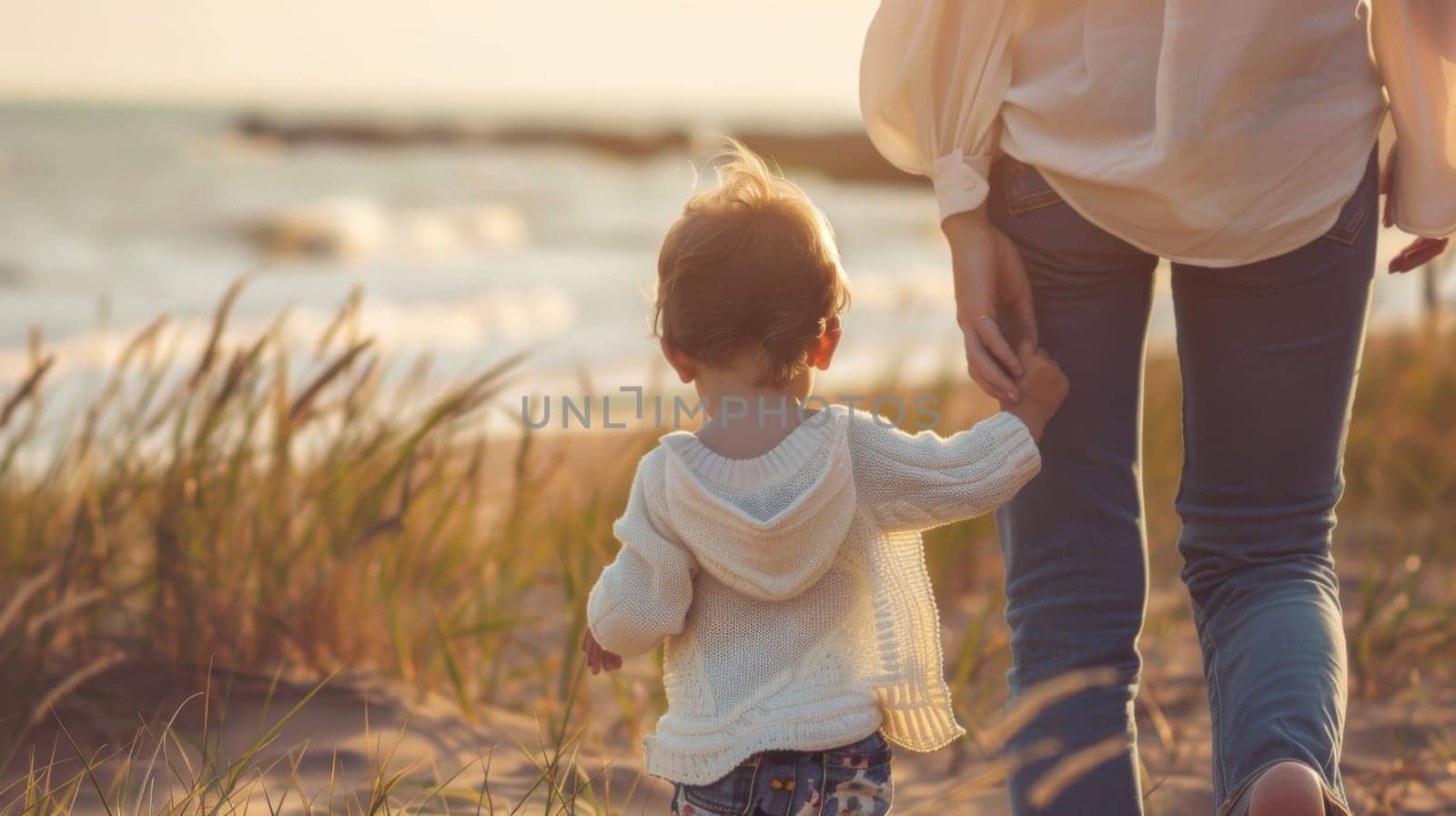 A woman is seen walking on the beach, holding the hand of a small child. Both figures are dressed casually, enjoying a leisurely stroll by the waters edge. The womans hand gently clasps the childs smaller hand, creating a sense of security and closeness in this touching moment.