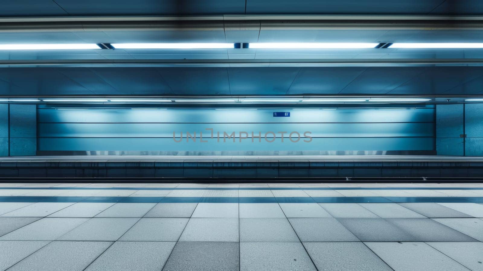 An empty subway station is depicted, showcasing a tiled floor and walls painted in a shade of blue. The absence of people adds to the eerie atmosphere of the underground setting.