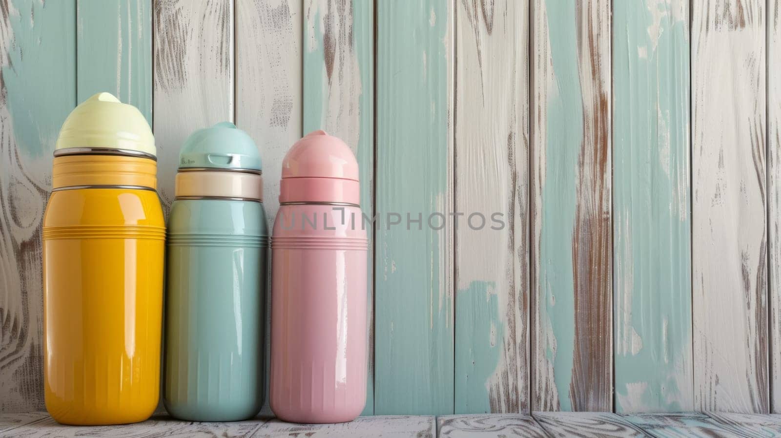Three thermos in different colors - red, blue, and green - arranged neatly in a row against a wooden wall. The thermos appear to be insulated containers for hot or cold beverages.