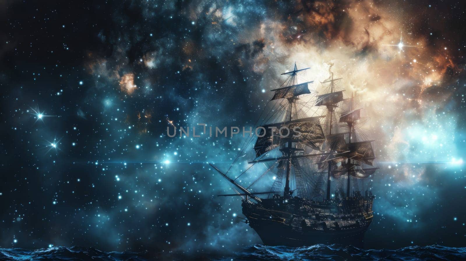 A ship peacefully sails on top of a body of water. The ship is the main subject, floating effortlessly on the calm water.