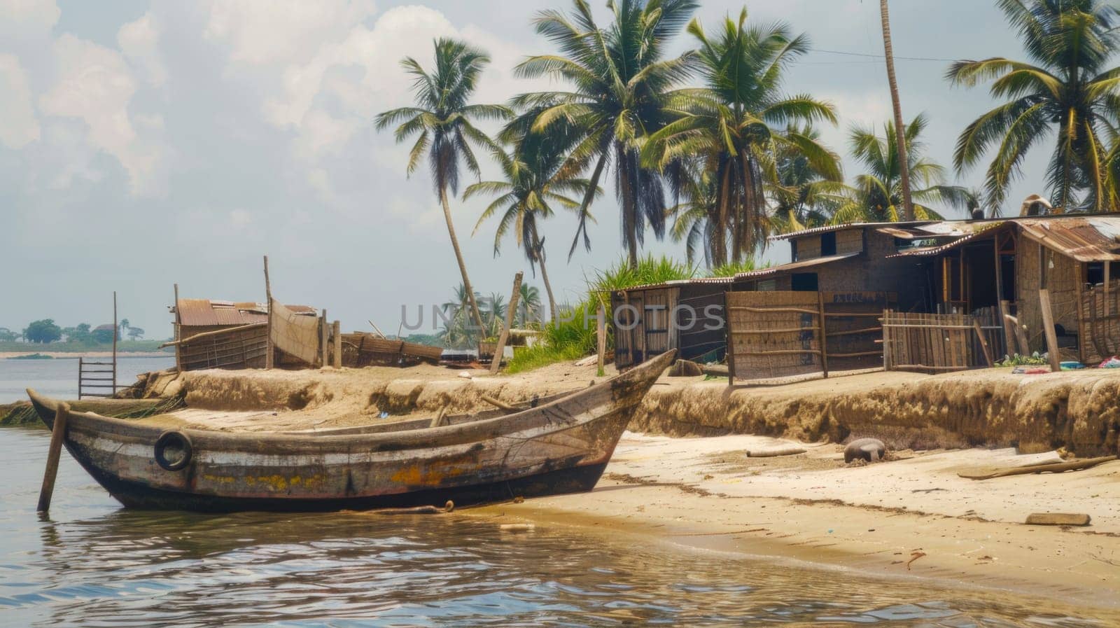 A boat is parked on top of a sandy beach, surrounded by gentle waves and clear blue skies. The boat appears to be stationary, with no visible passengers boarding or disembarking.