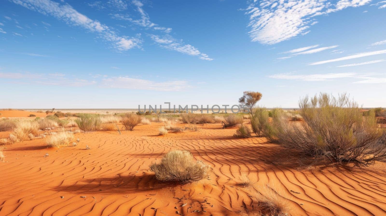 In this desert scene, sparse grass and bushes dot the arid landscape. The dry environment is evident as only minimal vegetation thrives under the harsh conditions of the desert.