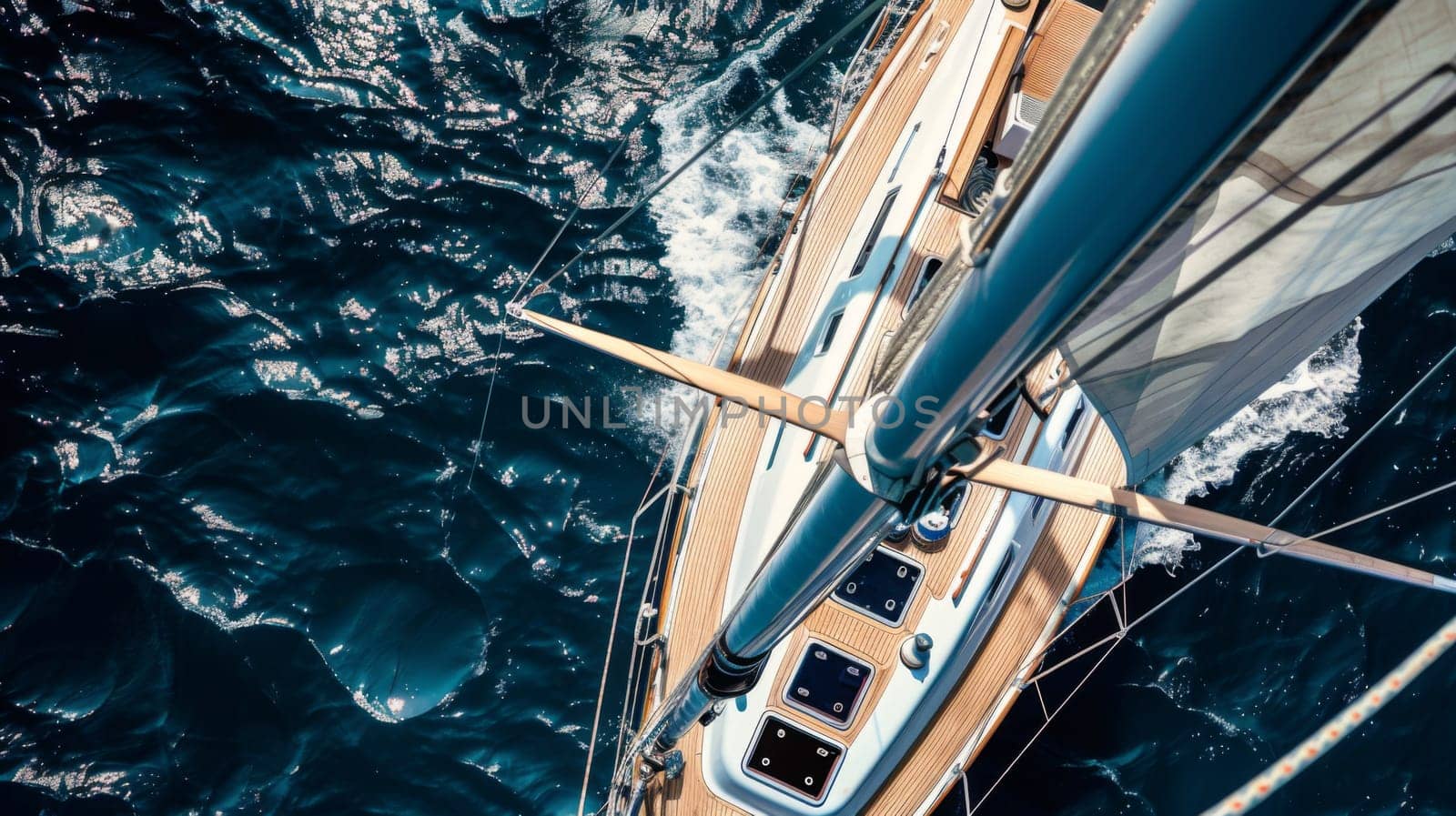 A sailboat glides across a vast body of water, its sails billowing in the wind as it navigates the open seas.