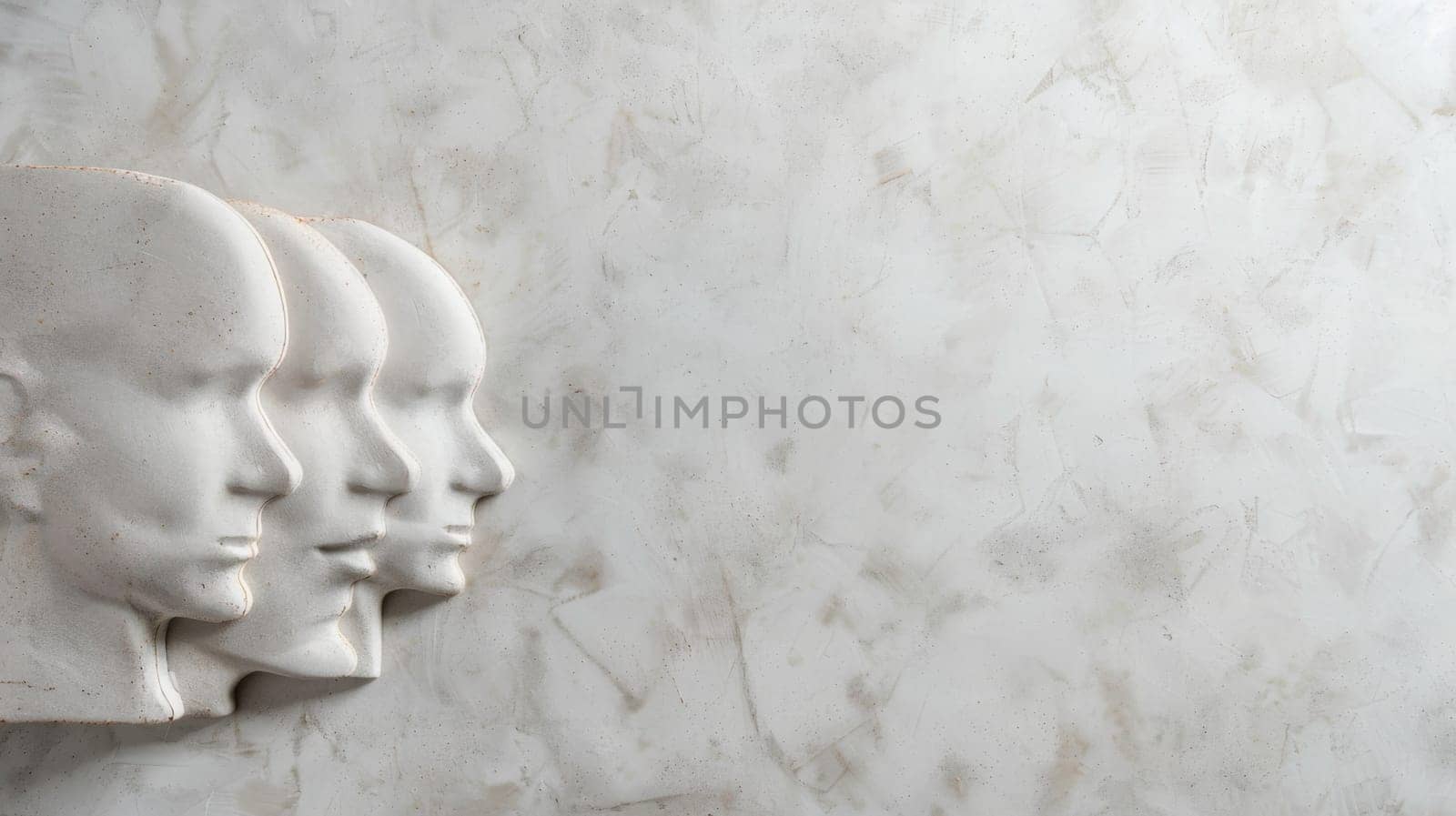 A group of white heads, presumably sculpture or mannequin heads, are visibly mounted onto a wall. The heads appear to be arranged closely together, creating a striking visual display.