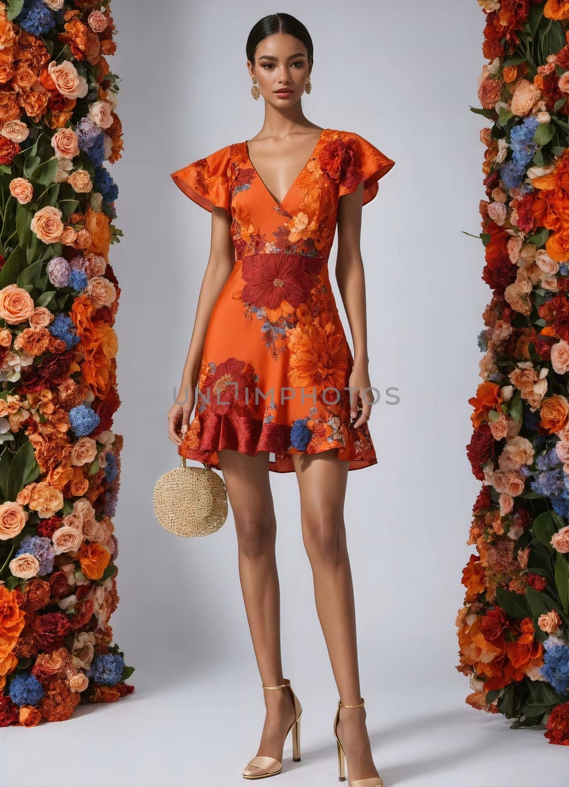 Fashionable evening orange summer dress on a mannequin. ai generative. ai generative.
