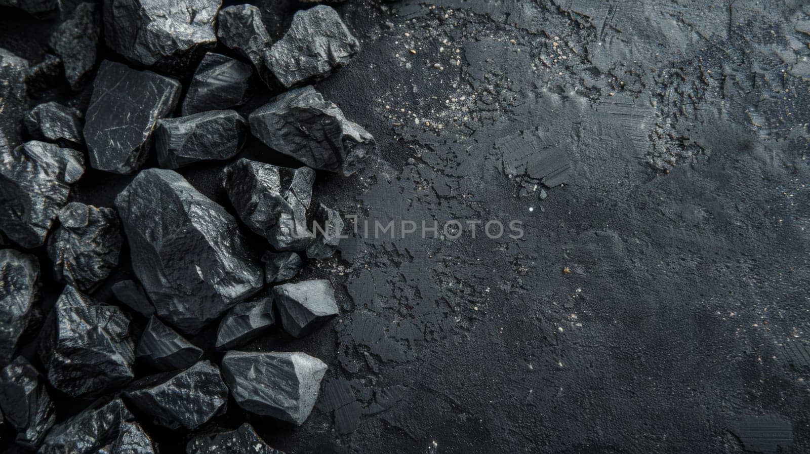 A collection of rocks arranged in a pile atop a smooth black surface. The rocks vary in size and shape, creating an interesting contrast against the dark background.