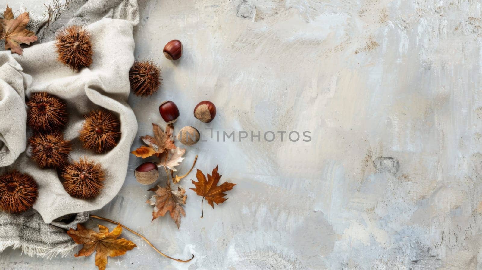 A table covered with a variety of dried leaves and acorns, creating a rustic and autumnal display. The leaves range in color from deep reds to golden yellows, and the acorns add a touch of nature to the arrangement.