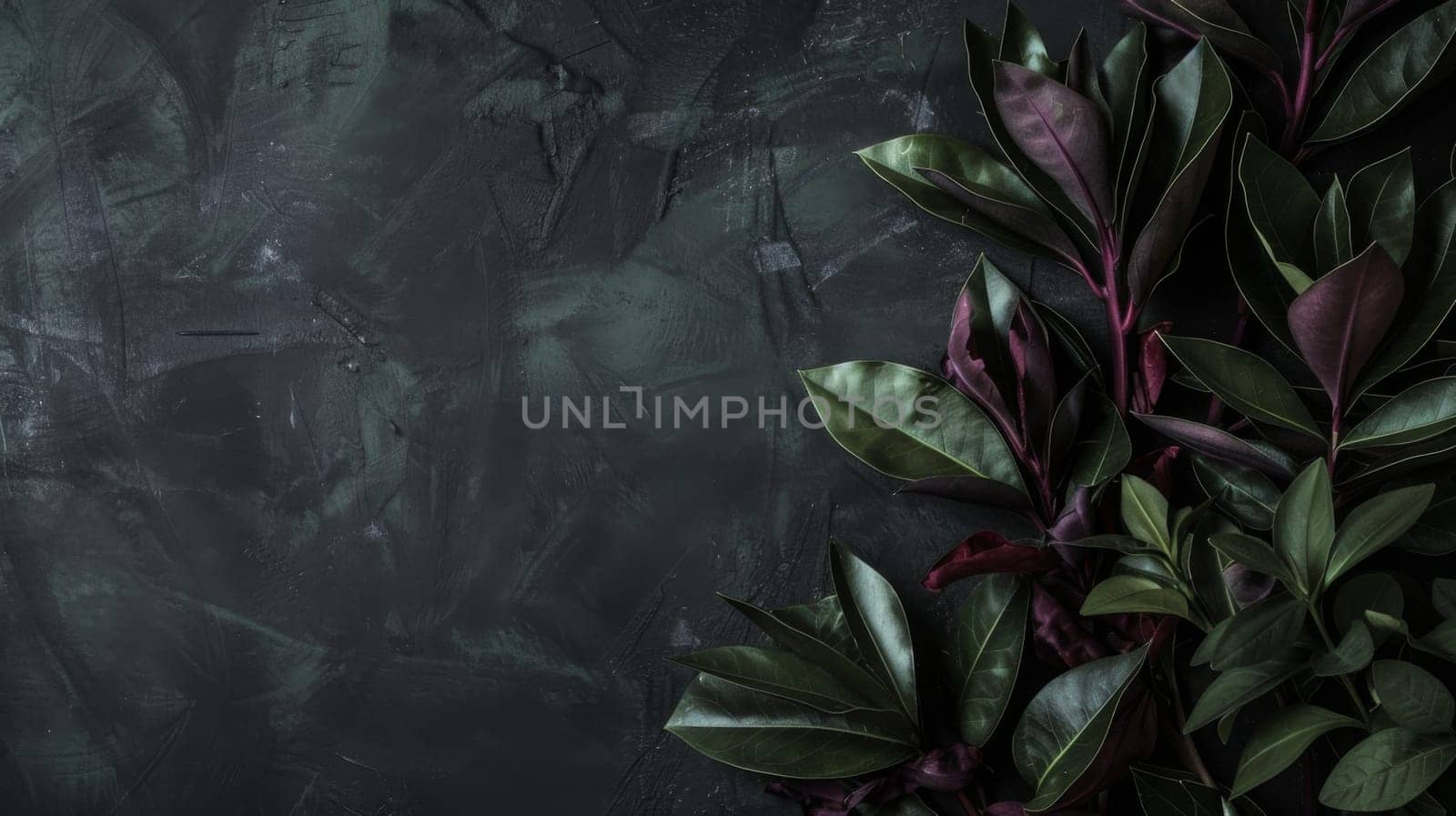 A close-up view of a green plant with vibrant leaves set against a dark background, creating a stark contrast. The leaves are healthy and lush, standing out against the deep, shadowy backdrop.