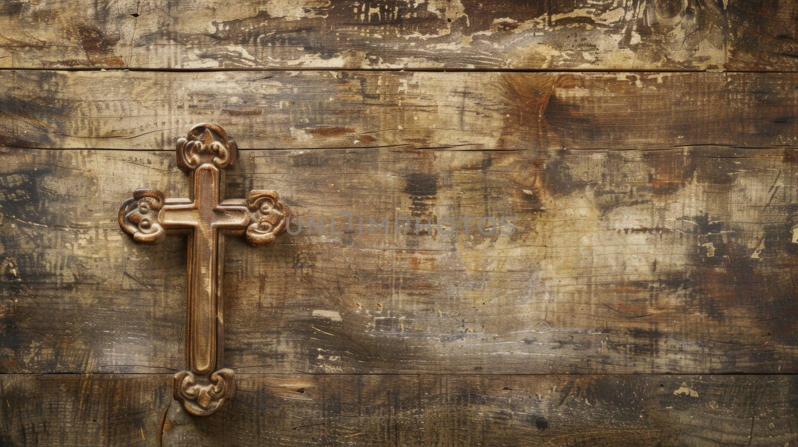 A weathered wooden wall with a cross engraved on its surface, showing signs of age and wear. The cross stands out against the faded wood, symbolizing its significance and history.