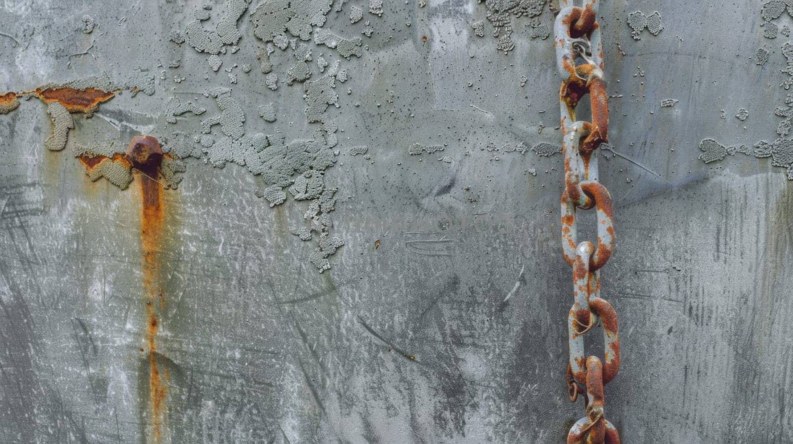 A rusted chain hangs loosely on a weathered concrete wall, showcasing a stark contrast between the aged metal and the solid surface. The chain dangles, displaying signs of decay and neglect in an urban setting.