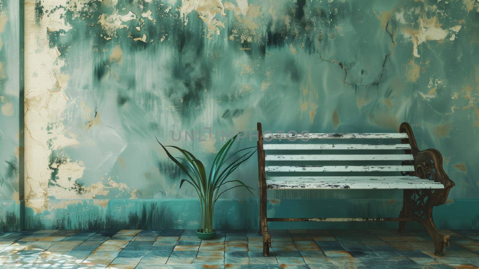 A simple wooden bench is placed in front of a vibrant green wall, creating a stark contrast in colors. The bench appears well-weathered and sturdy, providing a place to rest.