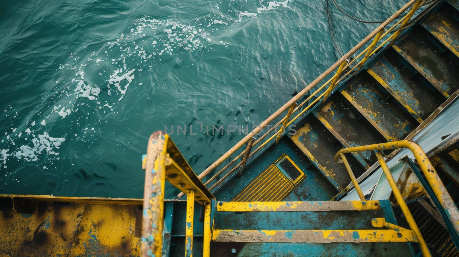 A yellow and blue staircase stands next to a body of water under the clear sky. The staircase leads down to the water, providing access to the waterfront area.