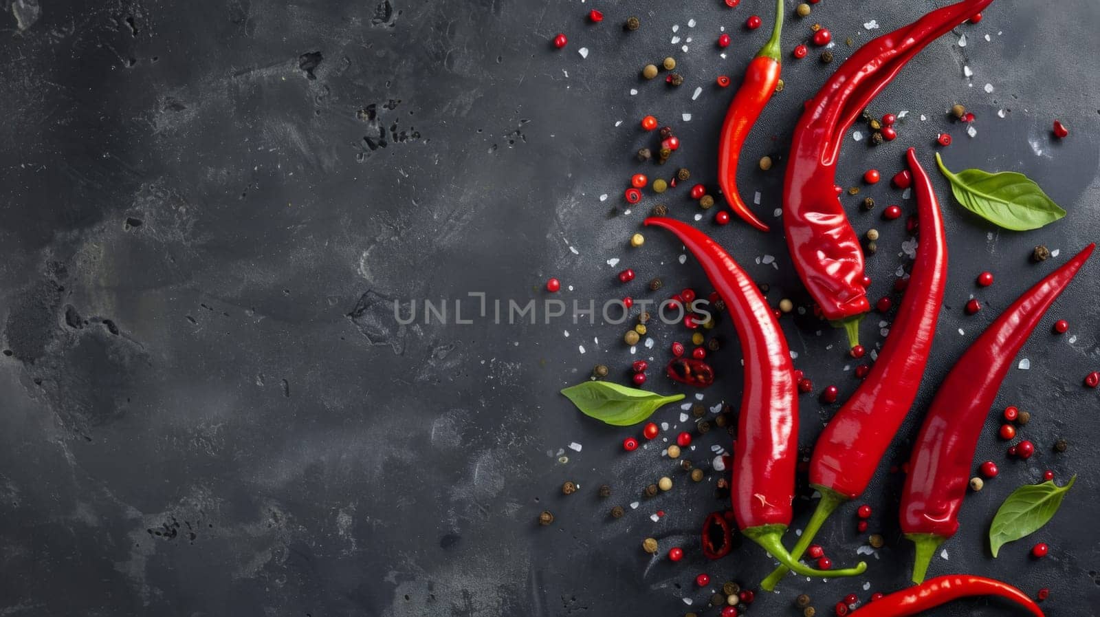 A group of vibrant red peppers with fresh green leaves attached. The peppers are plump and shiny, contrasting beautifully with the bright green foliage. These peppers appear to be freshly picked and ready to be used in cooking.