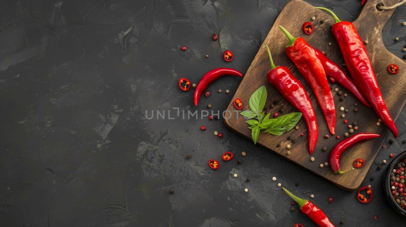 A cutting board is shown with vibrant red peppers neatly arranged beside a bowl of steaming chili. The peppers appear fresh and ready to be diced for the chili, adding a pop of color to the cooking scene.