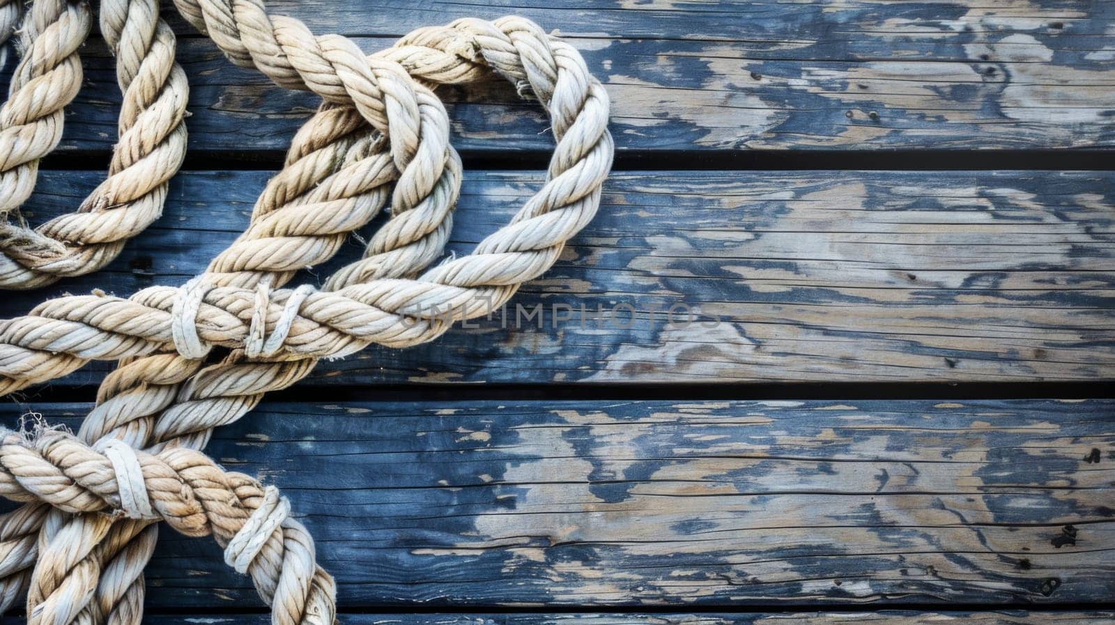 A detailed close-up view of a single rope laid out on a weathered wooden surface. The texture of the rope and the grains of the wood are prominently displayed, creating a simple yet intricate composition.