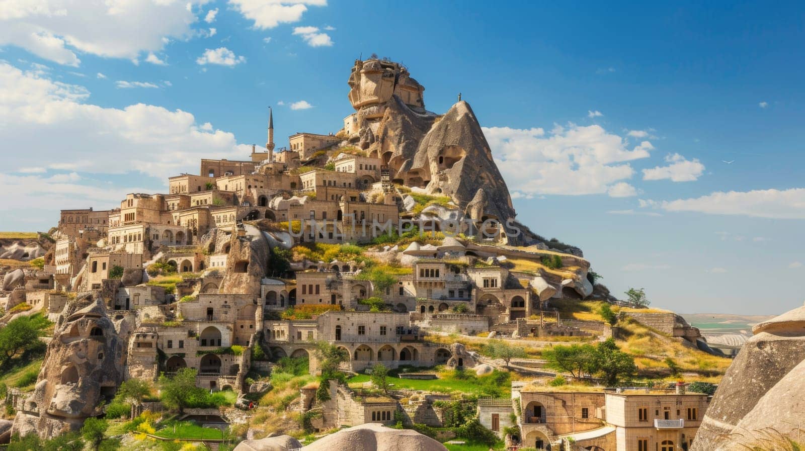 A very tall mountain with a cluster of buildings sitting on top of it, showcasing human civilization reaching great heights in a challenging terrain. The architecture stands out against the rugged backdrop, emphasizing the ingenuity required to inhabit such a location.