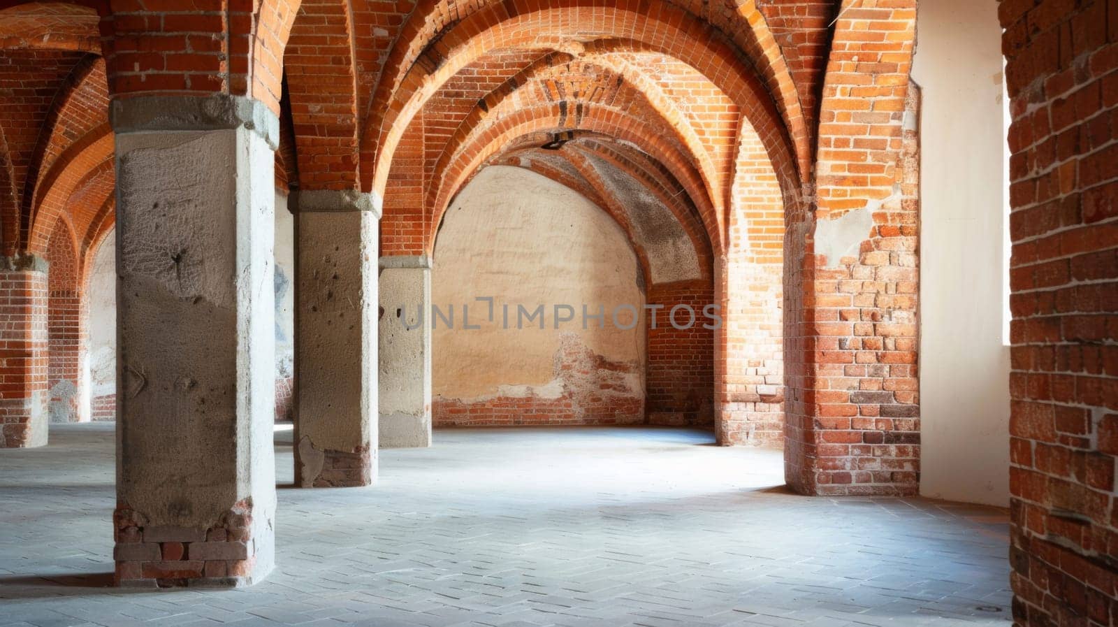 An empty room with brick walls and arches is shown. The room appears deserted with no furniture or decorations. The arches and brick walls give a sense of old-world architecture and historical charm.
