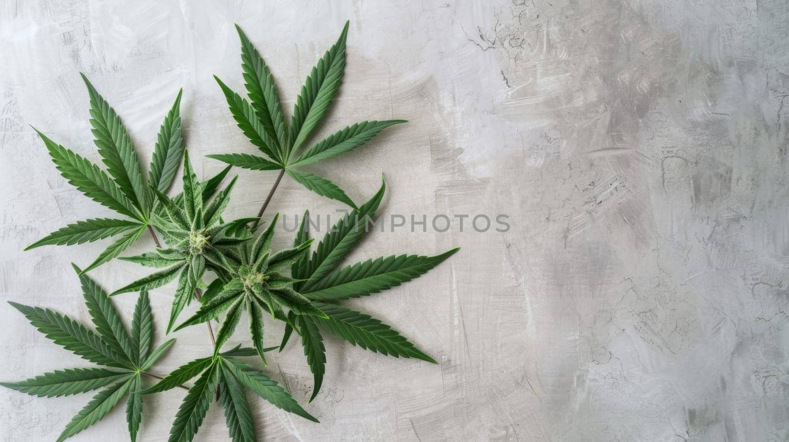 Numerous vibrant green leaves are scattered across a clean white surface, creating a visually striking contrast. The leaves vary in size and shape, showcasing intricate details such as veins and textures.