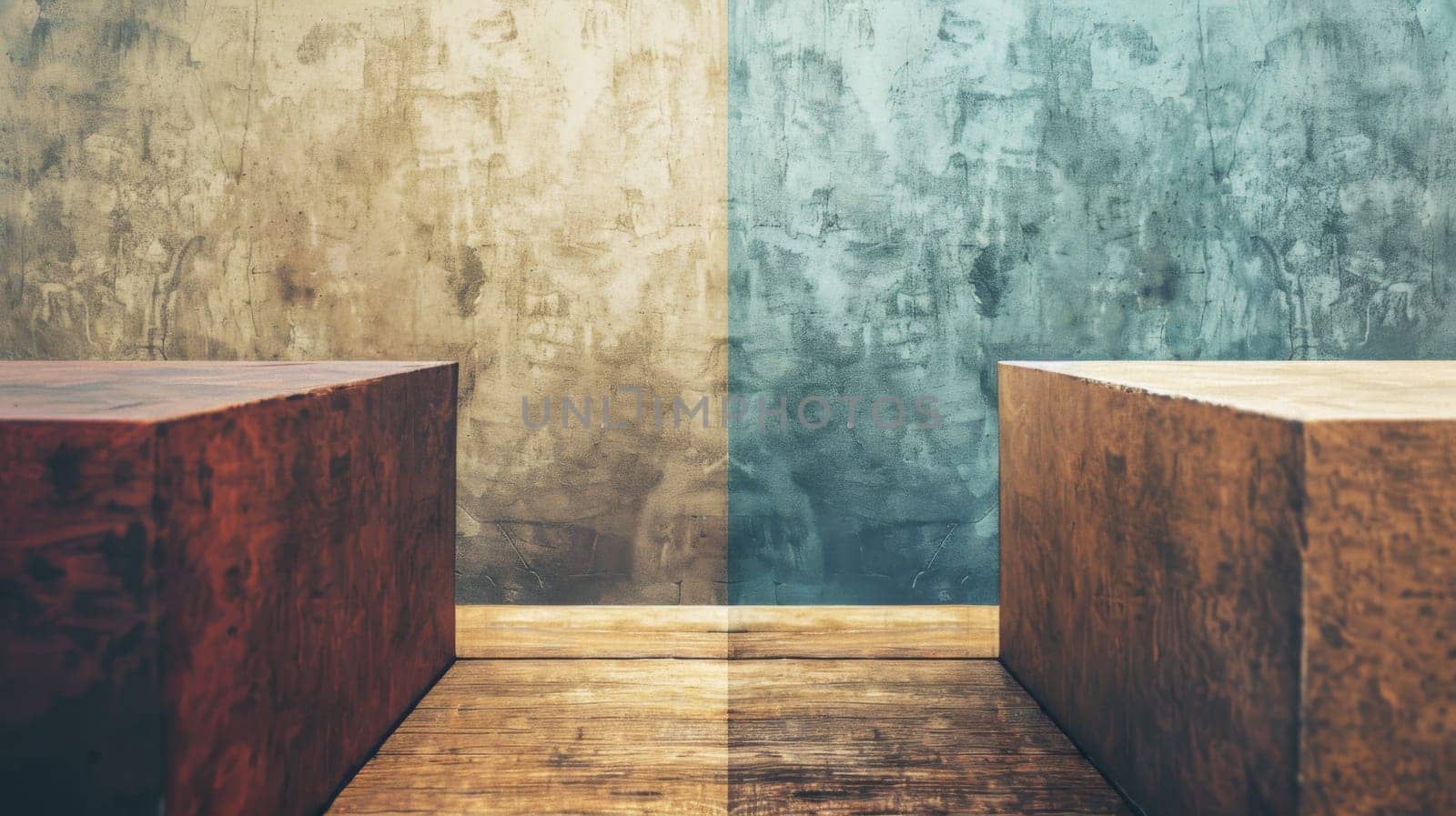 Two wooden blocks are placed on top of a wooden floor. The blocks are rectangular in shape and appear to be made of natural wood. They are positioned next to each other with some space in between.