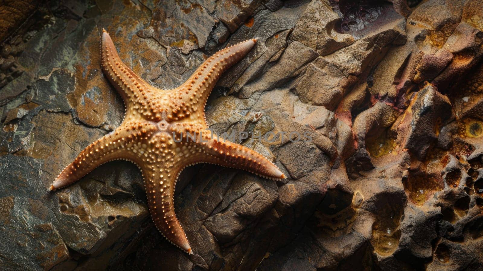 A starfish is seen lying flat on a rock surface. The starfishs arms are spread out, with its vibrant colors contrasting against the dull rock. The scene captures the starfish in a moment of stillness.