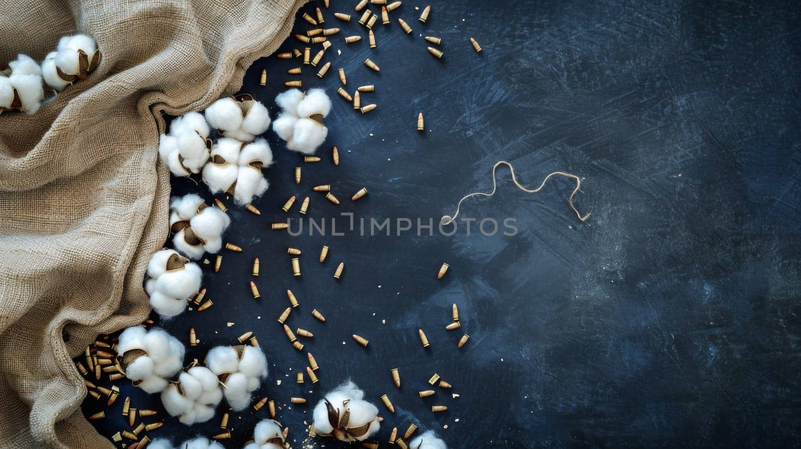 A dense cluster of cotton bolls is strewn across a sleek black surface. The fluffy white fibers create a stark contrast against the dark background, highlighting the soft and delicate texture of the natural material.