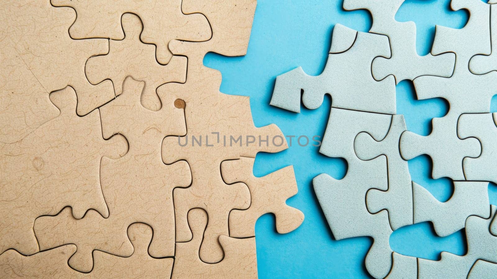 A detailed view of a puzzle spread out on a wooden table. Various puzzle pieces are visible, some connected while others are still separate. The image conveys the process of solving the puzzle.