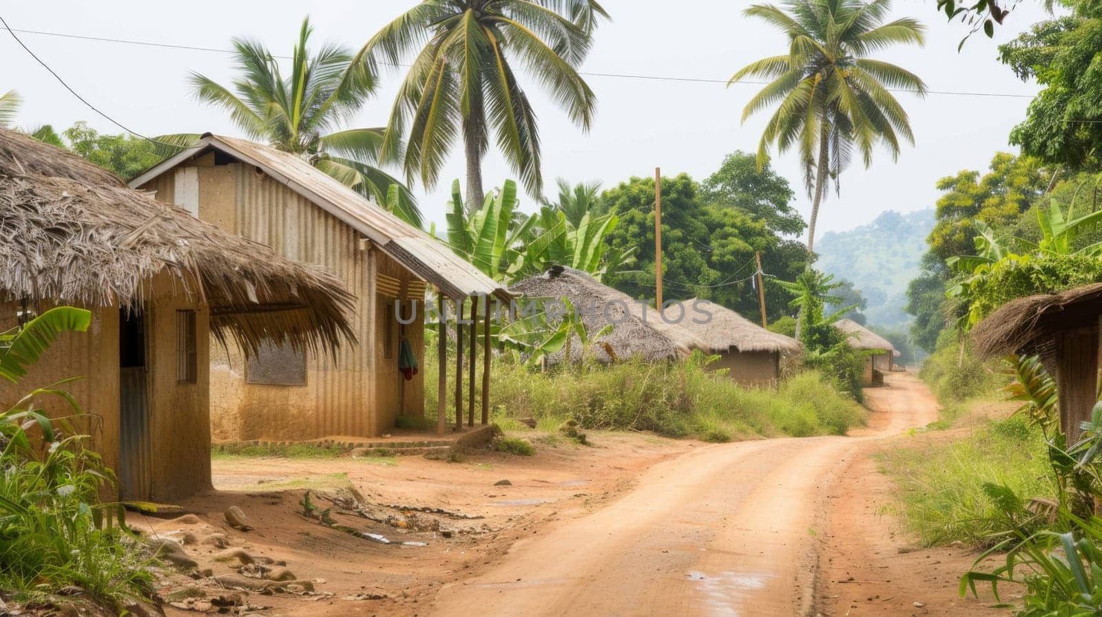 A dirt road stretches through the scene, flanked by small huts and tall palm trees. The huts appear weathered, blending into the natural surroundings. The palm trees sway gently in the breeze, creating a tropical ambiance.