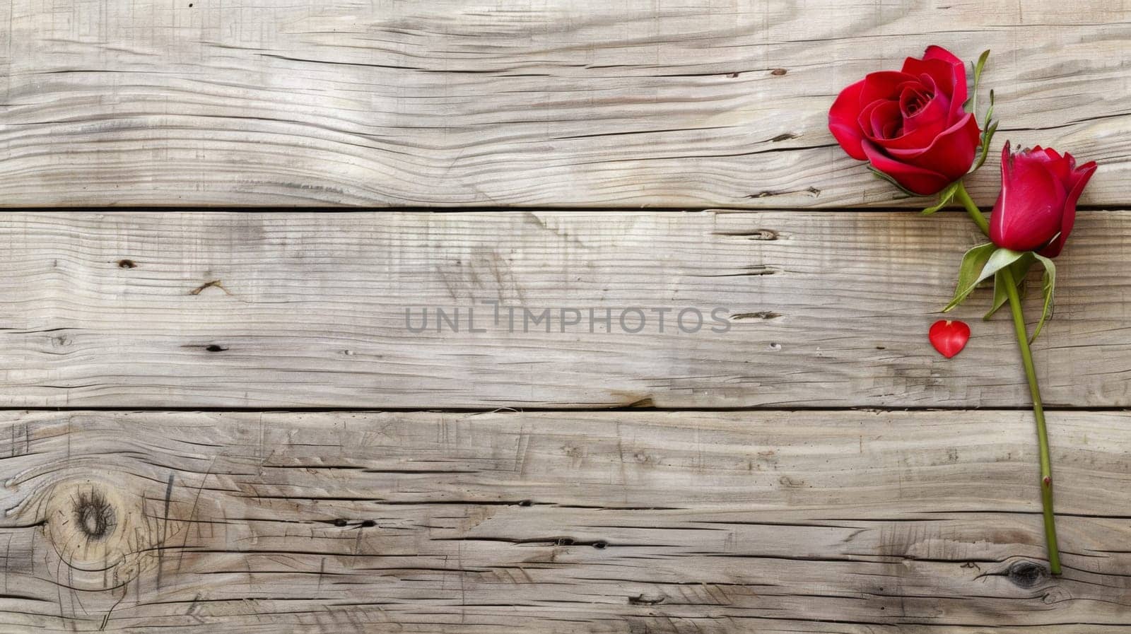 Two vibrant red roses rest gracefully on a simple wooden table, their petals unfurled and vibrant against the rustic backdrop. The delicate flowers exude elegance and beauty in their natural setting.