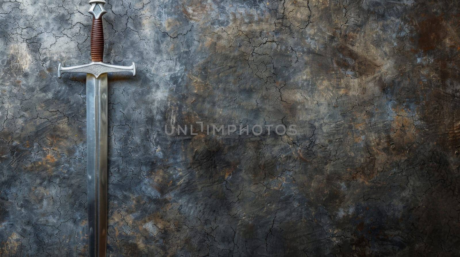 A sword with a long blade is propped against a rough stone wall. The blade gleams in the light, contrasting sharply with the dark, weathered surface behind it. The scene evokes a sense of ancient strength and power.