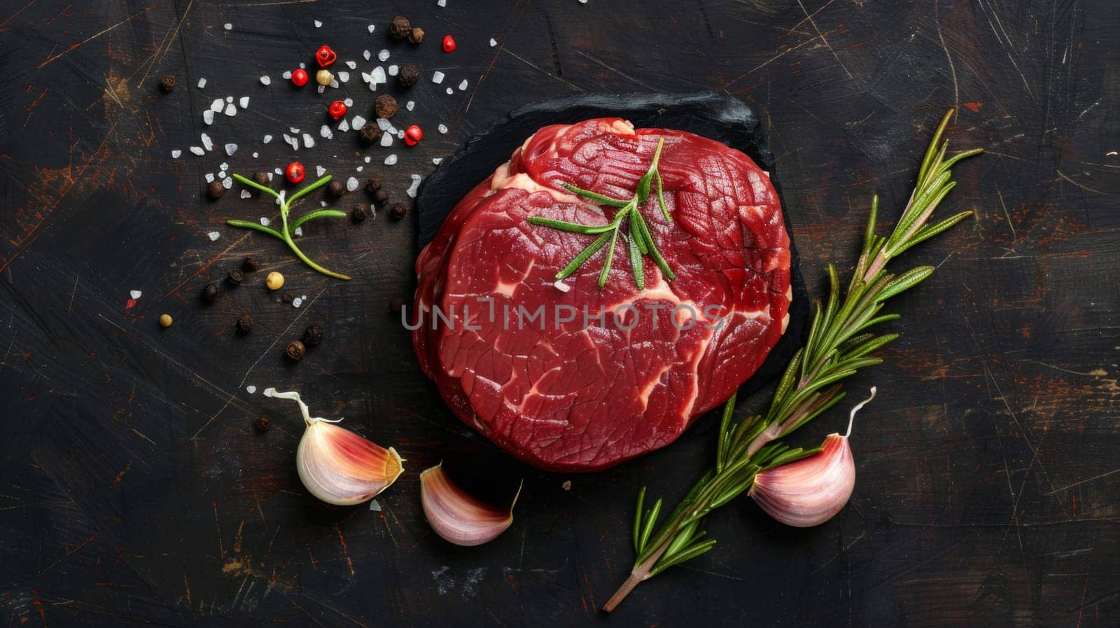 A piece of meat is seen marinated with herbs and garlic, resting on a black surface. The fresh herbs and minced garlic cling to the meat, ready to be cooked and savored.