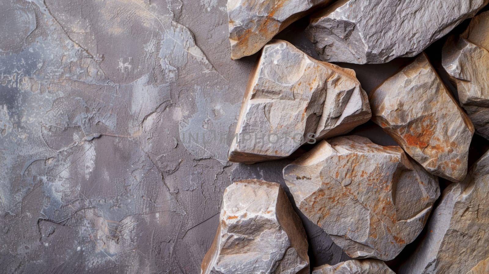 A collection of rocks arranged on top of a sturdy cement wall under a clear sky. The rocks vary in size and color, creating a striking visual contrast against the gray wall.
